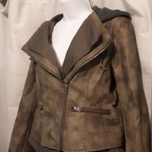 Khaki Faux Leather Hooded Bomber Jacket sz Large